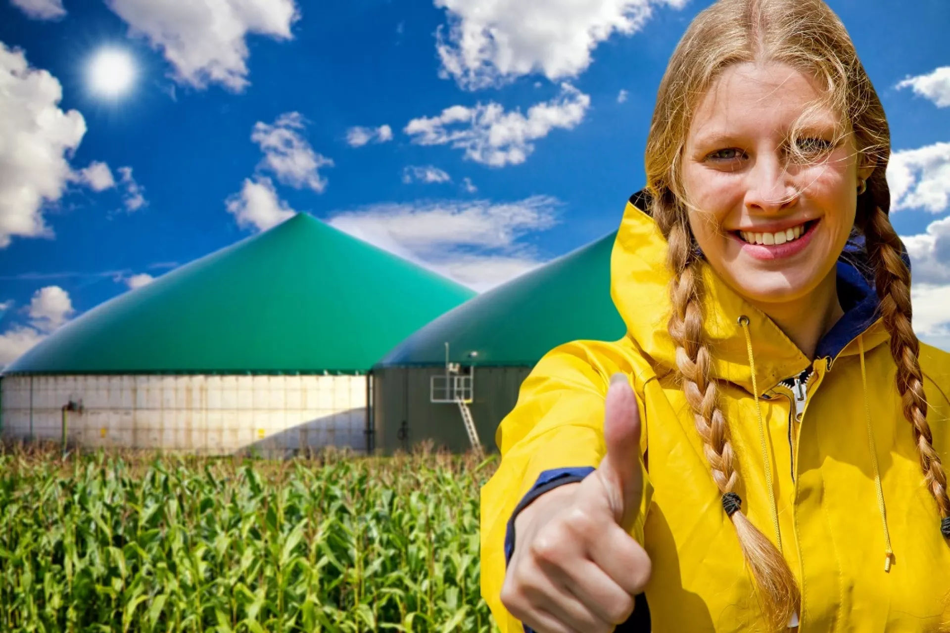 Jonge vrouw in gele jas steekt haar duim omhoog bij een biogasinstallatie.