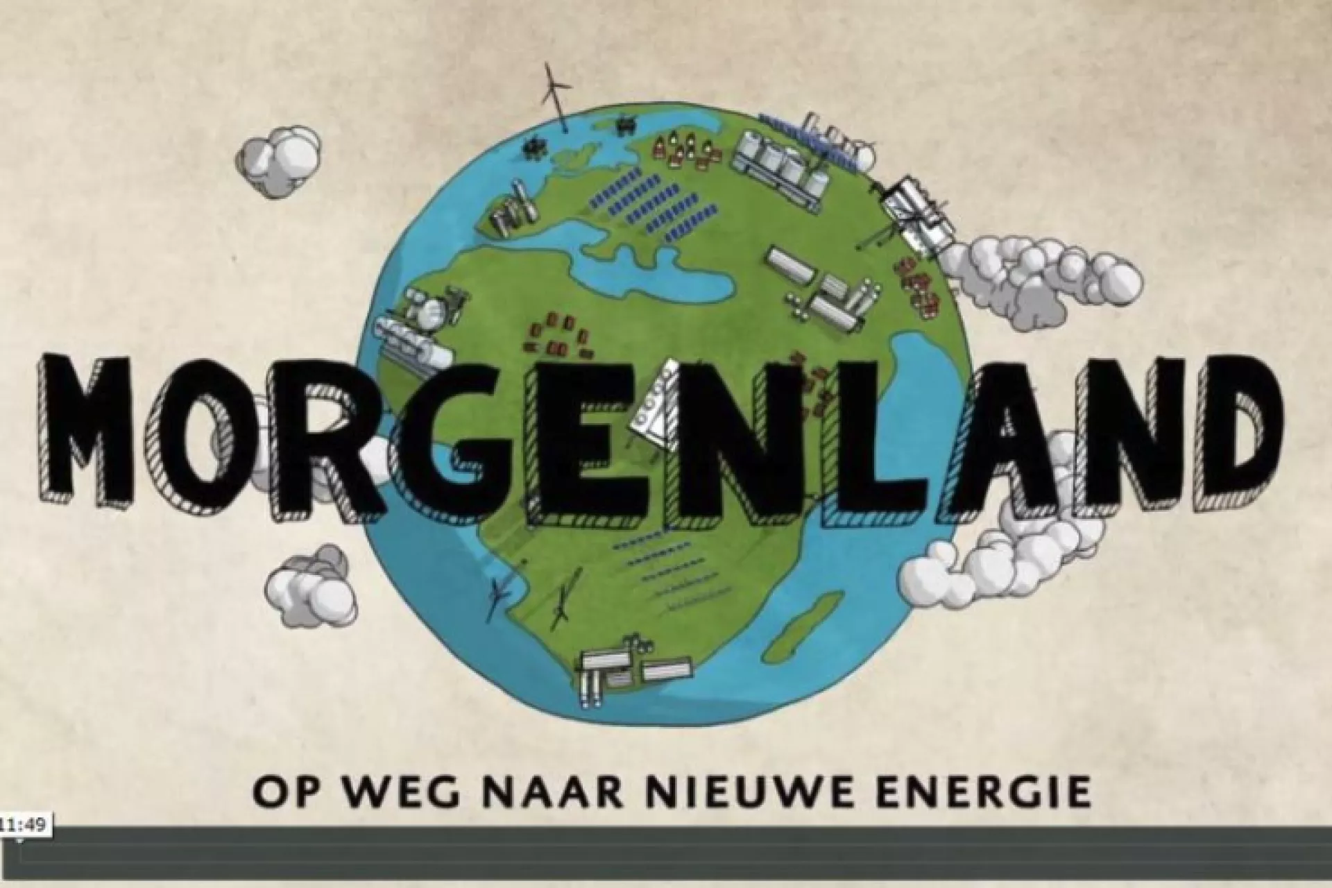 Kaart met de tekst "Morgenland: Op weg naar nieuwe energie" en afbeeldingen van duurzame energiebronnen rond de aarde.